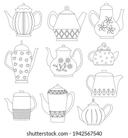 Vector set of contour teapots. Kitchen Utensils. Illustration. Flat Vector Teapot Set.