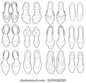 Vector set of contour various women summer shoes. Monochrome outline illustration of sandals and flats in modern minimal style. Great for fashion design, cards, digital use, stickers.