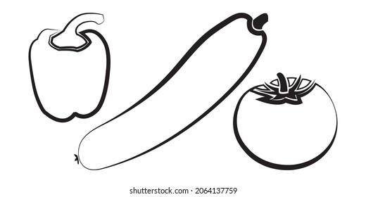 Vector set of contours of fresh vegetables - bell pepper, cucumber, tomato. The illustration is isolated on a white background.