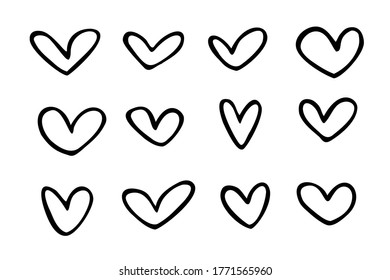 Vector set of contours of hearts isolated on white background. Symbol of love. Simple illustration for Valentine' Day or web design. Hand drawn, cartoon style