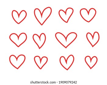 Vector set of contours of hearts, isolated on white background. Symbol of love. Hand drawn, cartoon style.