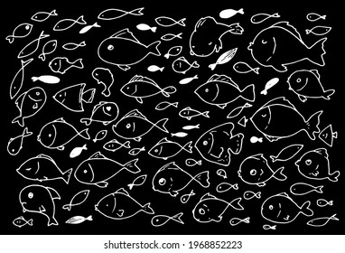 Vector set of contours and silhouettes of fish drawn by hand in the style of doodle with a white line on a black background, children's style of isolated fish for the design template