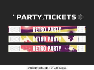 A vector set of control bracelets for a club, disco, concert, festival, event, pass to the fan zone, party in y2k style. Mockup of a bracelet in a futuristic style. Ticket for a festival