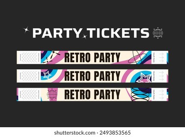 A vector set of control bracelets for a club, disco, concert, festival, event, pass to the fan zone, party in y2k style. Mockup of a bracelet in a futuristic style. Ticket for a festival