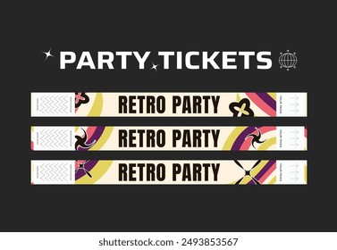 A vector set of control bracelets for a club, disco, concert, festival, event, pass to the fan zone, party in y2k style. Mockup of a bracelet in a futuristic style. Ticket for a festival