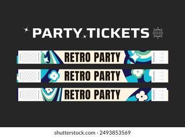 A vector set of control bracelets for a club, disco, concert, festival, event, pass to the fan zone, party in y2k style. Mockup of a bracelet in a futuristic style. Ticket for a festival