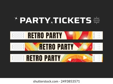 A vector set of control bracelets for a club, disco, concert, festival, event, pass to the fan zone, party in y2k style. Mockup of a bracelet in a futuristic style. Ticket for a festival