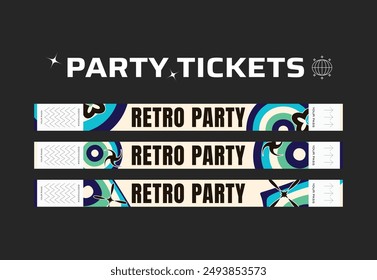 A vector set of control bracelets for a club, disco, concert, festival, event, pass to the fan zone, party in y2k style. Mockup of a bracelet in a futuristic style. Ticket for a festival