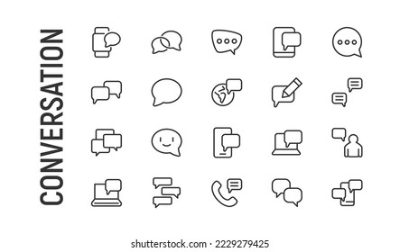 Vector set of conversation thin line icons. Design of 20 stroke pictograms. Signs of conversation isolated on a white background.