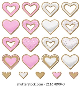 Vector set of cookies in the form of hearts in white and pink glaze.
