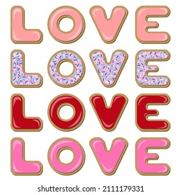 Vector set of cookies in the form of love letters in pink, red, coral glaze decorated with confectionery topping isolated on white background.