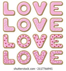 Vector set of cookies in the form of love letters in pink icing decorated with confectionery sprinkles, hearts and cream isolated on white background.