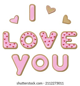 Vector set of cookies in the shape of the letters i love you covered with pink glaze decorated with confectionery topping in the form of hearts isolated on white background.