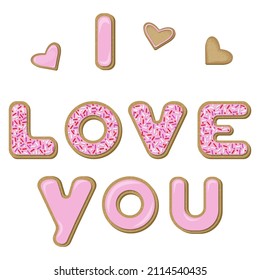 Vector set of cookies in the shape of the letters i love you covered with pink glaze decorated with confectionery topping isolated on white background.