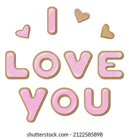 Vector set of cookies in the shape of the letters i love you in pink glaze decorated with coconut flakes isolated on white background.