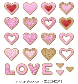 Vector set of cookies for valentine's day. Cookies in the shape of hearts and letters folded into the word LOVE and covered with pink glaze decorated with confectionery topping isolated on white.