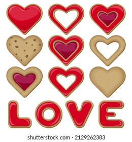 Vector set of cookies for valentine's day. Cookies in the shape of hearts and letters folded into the word LOVE and covered with red glaze isolated on white background. 