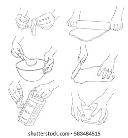 vector set of cooking hands with dough, grater and bowl, line drawing isolated symbol at white background