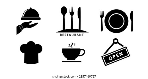 Vector set of cooking icons. Spoon, Fork, knife, chef hat and plate icon set, Hand holding food tray , Dinner service collection, Silhouette of cutlery. Vector illustration