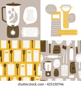 Vector set of cooking illustrations and seamless pattern