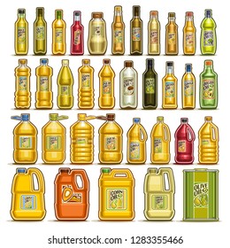 Vector Set Of Cooking Oil In Bottles, 34 Cut Out Illustration Of Containers With Refined Oily Product With Label, Glass Jar With Yellow Virgin Cholesterol Liquid, Can And Jerrycan With Extra Maize Oil