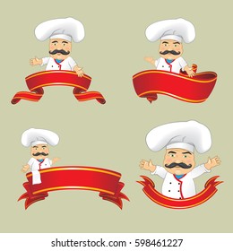 Vector set of cooks in different positions. Cartoon chefs cooking and holding tray with food