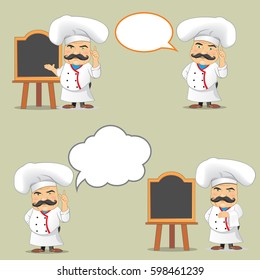 Vector set of cooks in different positions. Cartoon chefs cooking and holding tray with food