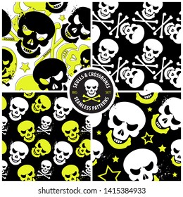 vector set of cool and creative seamless patterns with skulls and crossbones, the four flat style illustrations are ideal for print, textile, web, and other designs