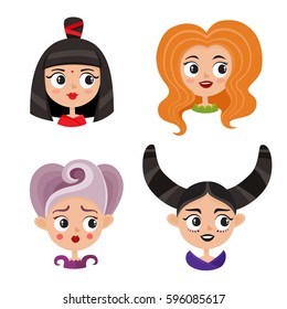 Vector set of cool female avatars. Portrait of glamorous woman with make up and avant-garde hairstyle in cartoon style.