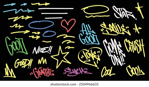 Vector set of cool graffiti words and symbols in grunge style, colorfull hiphop drawing, stars, hearts and letters