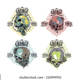 Vector set of cool grunge prints with skulls, florals and roses.