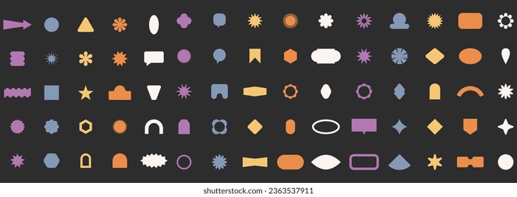 Conjunto de vectores de insignias minimalistas de frío. Colección de formas geométricas abstractas. Elementos gráficos de etiquetas Y2K.