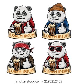 vector set of cool panda with a glass of beer