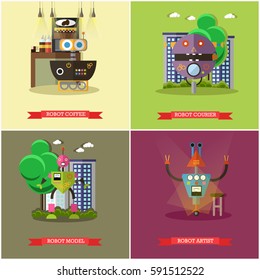 Vector set of cool robots. Robot coffee, courier, model and artist design elements, icons in flat style. Technology concept.
