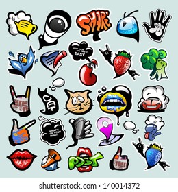 Vector set of cool social media signs and other shiny icons in graffiti style