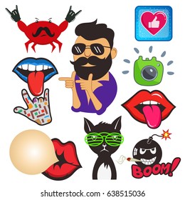 Vector set of cool social media signs and other shiny icons in cartoon style
