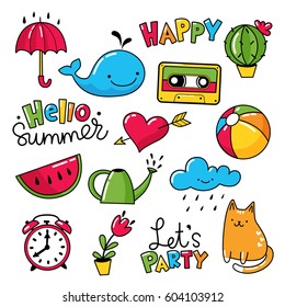 Conjunto vectorial de calcomanías, parches con comida y símbolos de verano. 
