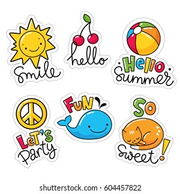 Vector set of cool stickers, patches with food and summer symbols. 