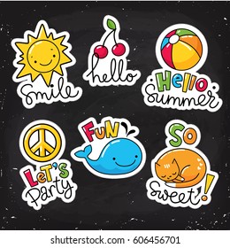 Vector set of cool stickers, patches with summer symbols and lettering. Stickers on blackboard. 