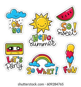 Vector set of cool stickers, patches with food and summer symbols. Weather symbols with text