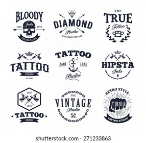 Vector Set Of Cool Tattoo Studio Logo Templates On White Background. Retro Styled Trendy Vector Emblems.