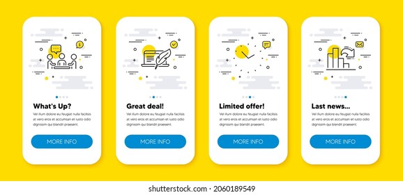Vector set of Copyright laptop, Time and People chatting line icons set. UI phone app screens with line icons. Decreasing graph icon. Writer device, Clock, Conference. Column chart. Vector