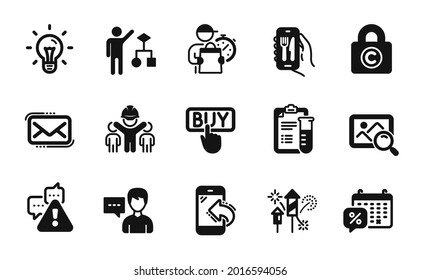 Vector set of Copyright locker, Discounts calendar and Engineering team icons simple set. Warning, Search photo and Delivery man icons. Fireworks rocket, Messenger mail and Person talk signs. Vector