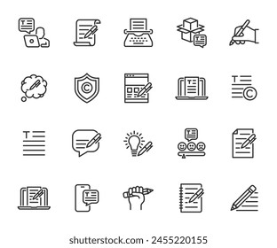 Vector set of copywriting line icons. Contains icons text, write review, creative writing, online document, typewriter, storytelling and more. Pixel perfect.