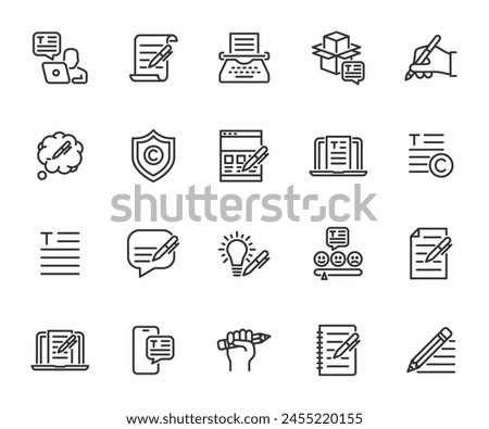 Vector set of copywriting line icons. Contains icons text, write review, creative writing, online document, typewriter, storytelling and more. Pixel perfect.