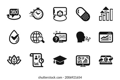 Vector set of Copywriting notebook, Graduation cap and Web traffic icons simple set. 360 degree, Dermatologically tested and Online quiz icons. Copywriting notebook simple web symbol. Vector