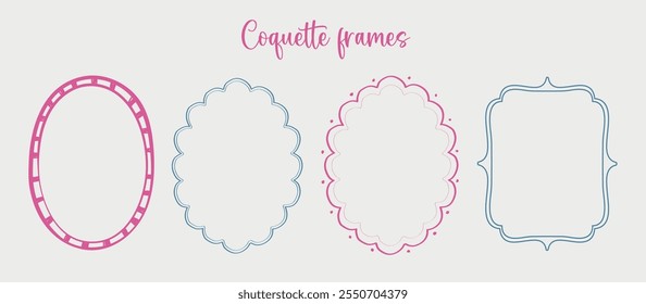 Vector set of Coquette frames with ribbon bow. Hand drawn Illustration of bow frame.
