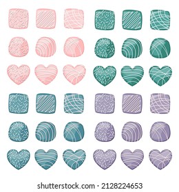 Vector set of coral, emerald, purple, blue chocolate candies isolated on white background.
