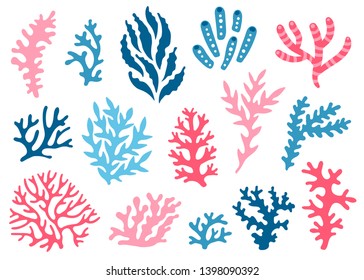Vector set of corals. Bright sea elements are isolated on white. Beautiful underwater flora and fauna stickers. Hand drawn sea weed.