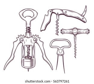 Vector set of corkscrews, tailspins, openers in engraving style